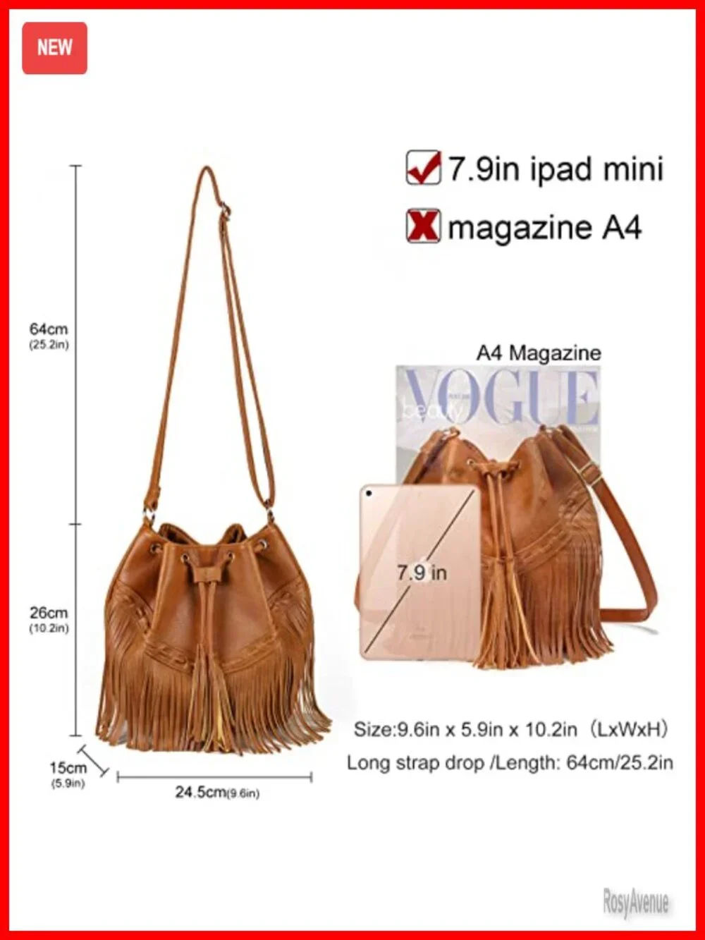 Fringe Bucket Bag Drawstring Crossbody Shoulder Purse Women PU Leather